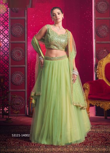 Light Green Net Sequins-Work Wedding-Wear Readymade Gliterring Lehenga Choli