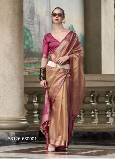 Peach & Wine Woven Tissue Silk Saree For Traditional / Religious Occasions