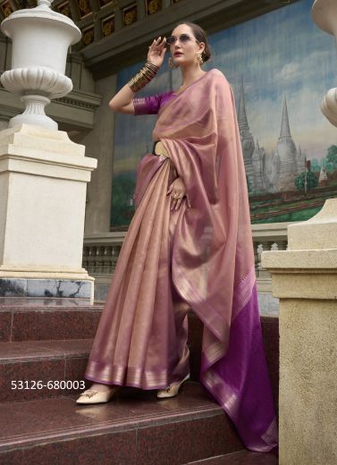 Light Coral & Purple Woven Tissue Silk Saree For Traditional / Religious Occasions