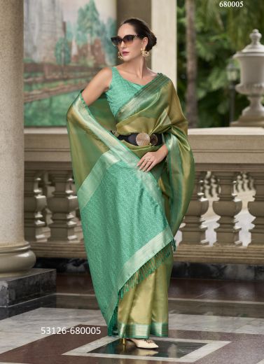 Sage Green & Aqua Woven Tissue Silk Saree For Traditional / Religious Occasions