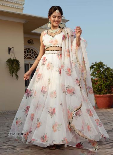 White & Red Organza Digitally Printed Party-Wear Stylish Lehenga Choli