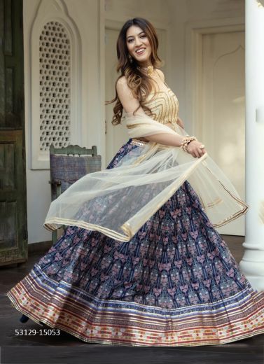 Dark Blue & Pink Art Silk Digitally Printed Party-Wear Stylish Lehenga Choli