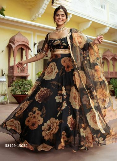 Black & Peach Organza Digitally Printed Party-Wear Stylish Lehenga Choli