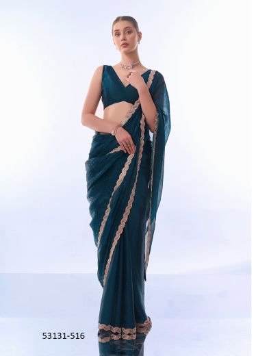 Sea Blue Burberry Handwork Party-Wear Bollywood Saree