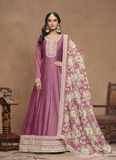 Mauve Pink Art Silk Digitally Printed Party-Wear Floor-Length Readymade Salwar Kameez