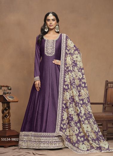 Violet Art Silk Digitally Printed Party-Wear Floor-Length Readymade Salwar Kameez