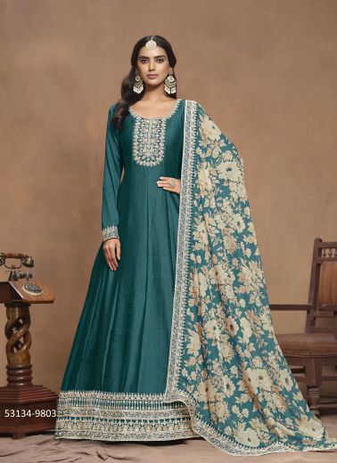 Teal Blue Art Silk Digitally Printed Party-Wear Floor-Length Readymade Salwar Kameez