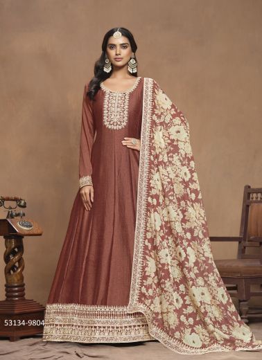 Copper Brown Art Silk Digitally Printed Party-Wear Floor-Length Readymade Salwar Kameez