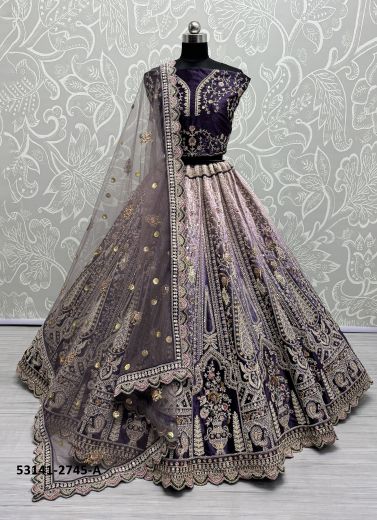 Violet Velvet Handwork Wedding-Wear Bridal Lehenga Choli