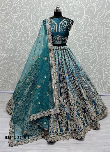 Sea Blue Velvet Handwork Wedding-Wear Bridal Lehenga Choli