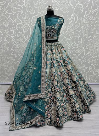 Teal Blue Velvet Handwork Wedding-Wear Bridal Lehenga Choli