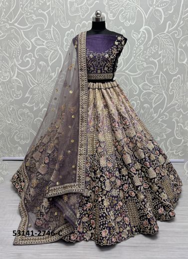 Violet Velvet Handwork Wedding-Wear Bridal Lehenga Choli