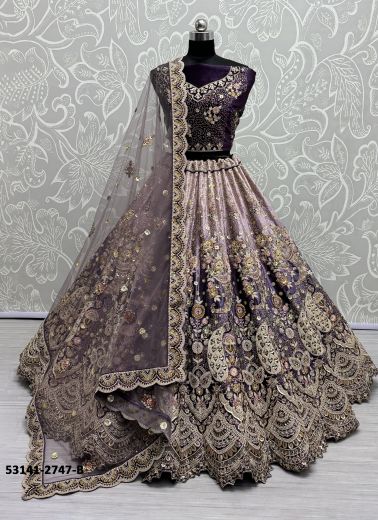 Violet Velvet Handwork Wedding-Wear Bridal Lehenga Choli