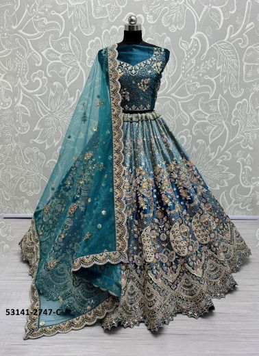 Sea Blue Velvet Handwork Wedding-Wear Bridal Lehenga Choli