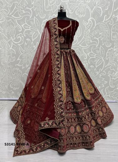 Dark Maroon & Yellow Velvet Handwork Wedding-Wear Bridal Lehenga Choli