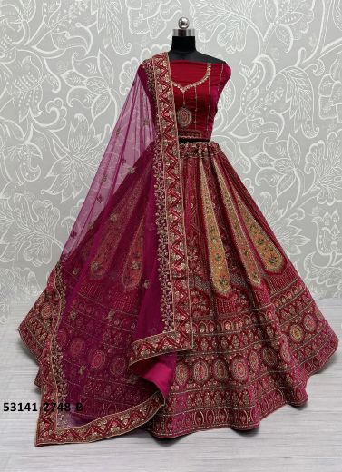 Dark Magenta & Orange Velvet Handwork Wedding-Wear Bridal Lehenga Choli