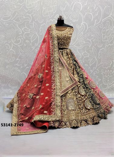 Multicolored Velvet Handwork Wedding-Wear Bridal Lehenga Choli [With Double Dupatta]