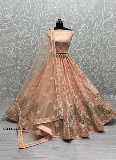 Peach Net Handwork Wedding-Wear Bridal Lehenga Choli