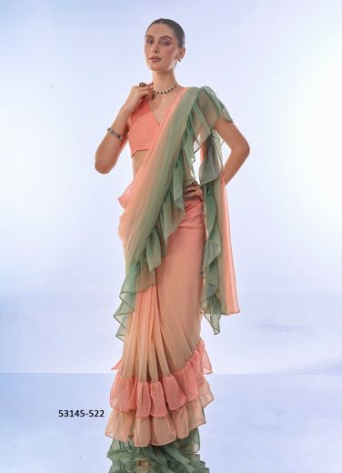 Salmon & Green Shaded Georgette Party-Wear Ready-To-Wear Frill / Ruffle Saree