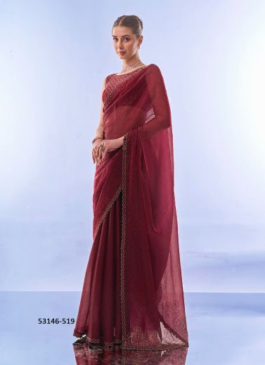 Wine Red Burberry Handwork Party-Wear Bollywood Saree