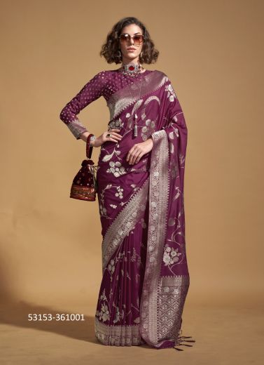 Purple Georgette Handloom Woven Festive-Wear Saree