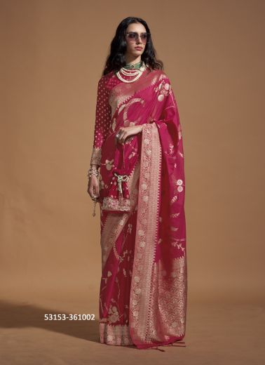 Magenta Georgette Handloom Woven Festive-Wear Saree