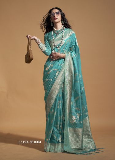 Teal Blue Georgette Handloom Woven Festive-Wear Saree