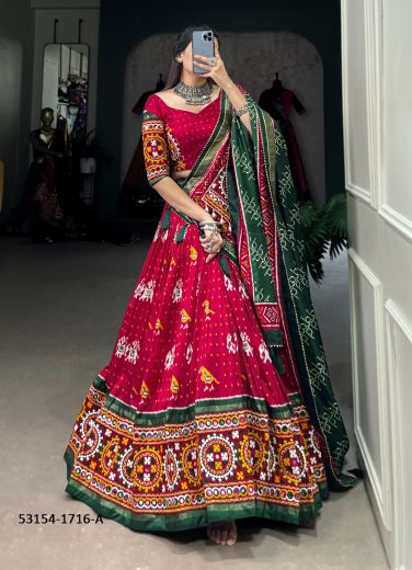 Crimson Red & Green Tussar Silk Patola-Printed Readymade Lehenga Choli For Traditional / Religious Occasions