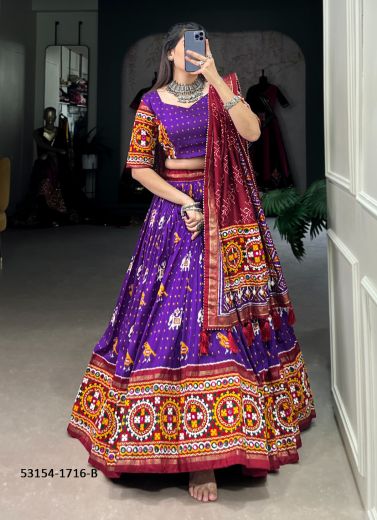 Violet & Maroon Tussar Silk Patola-Printed Readymade Lehenga Choli For Traditional / Religious Occasions