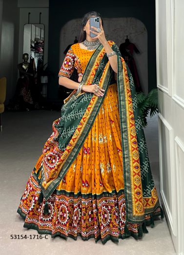 Orange & Green Tussar Silk Patola-Printed Readymade Lehenga Choli For Traditional / Religious Occasions