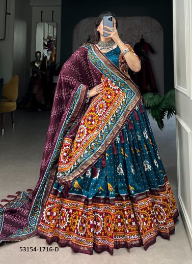 Sea Blue & Purple Tussar Silk Patola-Printed Readymade Lehenga Choli For Traditional / Religious Occasions