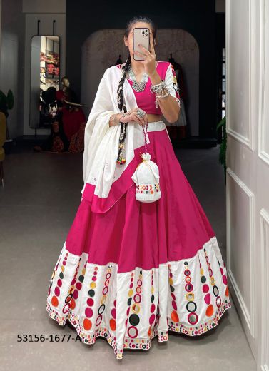 Magenta & White Cotton Gamthi Work Navratri Special Readymade Lehenga Choli [Chaniya Choli For Garba]