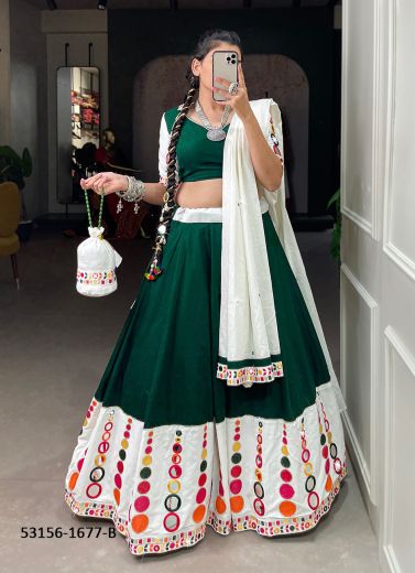 Green & White Cotton Gamthi Work Navratri Special Readymade Lehenga Choli [Chaniya Choli For Garba]