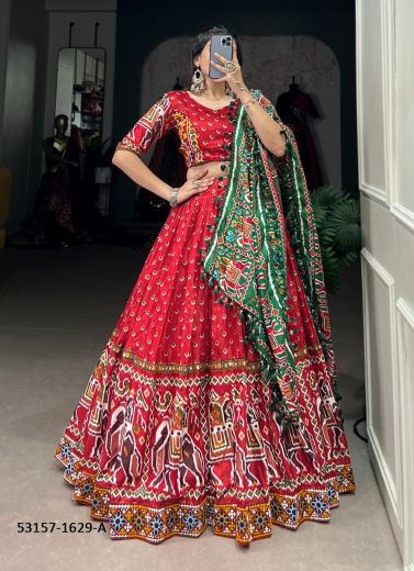 Red & Green Dola Silk Patola-Printed Readymade Lehenga Choli For Traditional / Religious Occasions