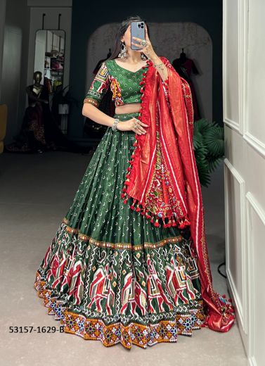 Green & Red Dola Silk Patola-Printed Readymade Lehenga Choli For Traditional / Religious Occasions