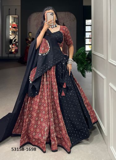 Maroon & Black Cotton Printed Navratri Special Readymade Lehenga Choli [Chaniya Choli For Garba]