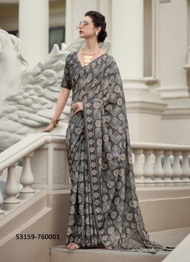 Gray & Cream Pure Mul-Mul Cotton Printed Office-Wear Saree