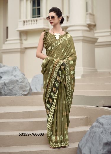 Olive Green Pure Mul-Mul Cotton Printed Office-Wear Saree