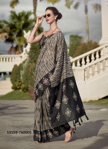 Black & Beige Pure Mul-Mul Cotton Printed Office-Wear Saree