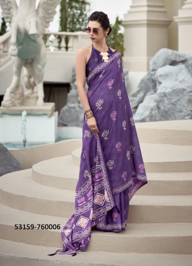 Violet Pure Mul-Mul Cotton Printed Office-Wear Saree