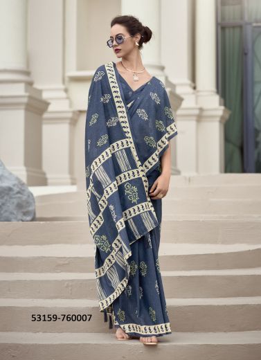 Dark Blue & White Pure Mul-Mul Cotton Printed Office-Wear Saree