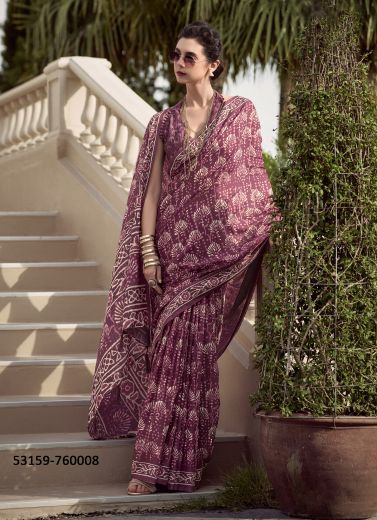 Wine Pure Mul-Mul Cotton Printed Office-Wear Saree