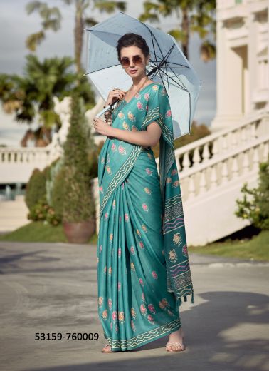 Teal Blue Pure Mul-Mul Cotton Printed Office-Wear Saree