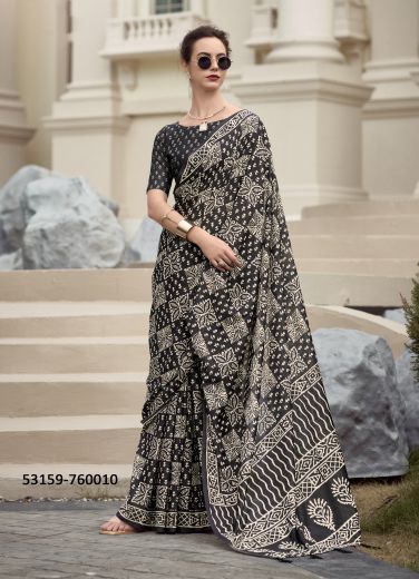 Black & White Pure Mul-Mul Cotton Printed Office-Wear Saree