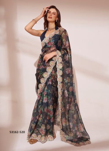 Navy Blue Jimmy Choo Digitally Printed Party-Wear Bollywood Saree