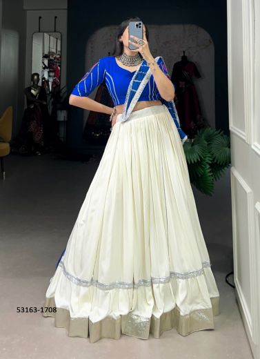 White & Blue Rayon Printed Navratri Special Readymade Lehenga Choli [Chaniya Choli For Garba]