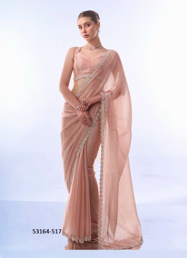 Light Coral Burberry Handwork Party-Wear Bollywood Saree