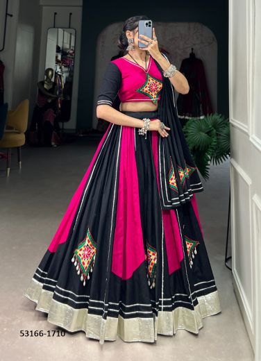 Black & Magenta Cotton Gamthi Work Navratri Special Readymade Lehenga Choli [Chaniya Choli For Garba]