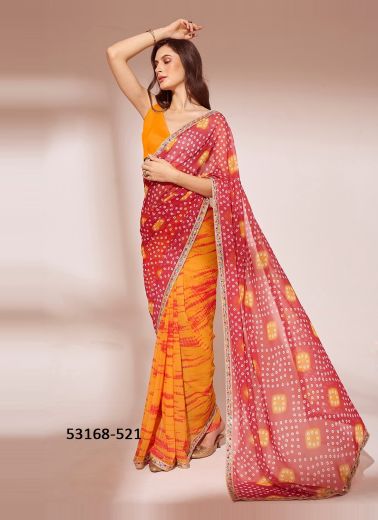 Crimson Red & Orange Georgette Bandhani Printed Bollywood Saree For Traditional / Religious Occasions