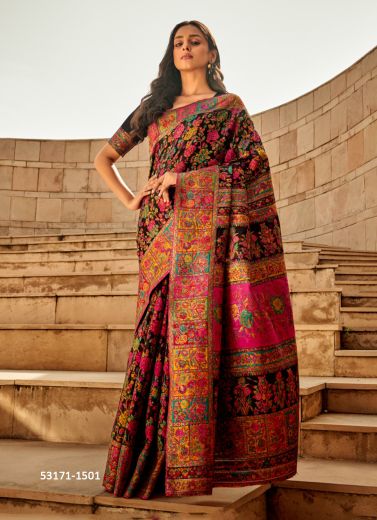 Multicolored Woven Kashmiri Silk Saree For Traditional / Religious Occasions